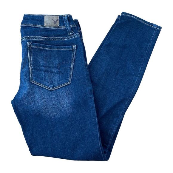AMERICAN EAGLE Super Skinny Dark Wash Denim Contrast Stitch Jeans Size 0 Short - Picture 5 of 9